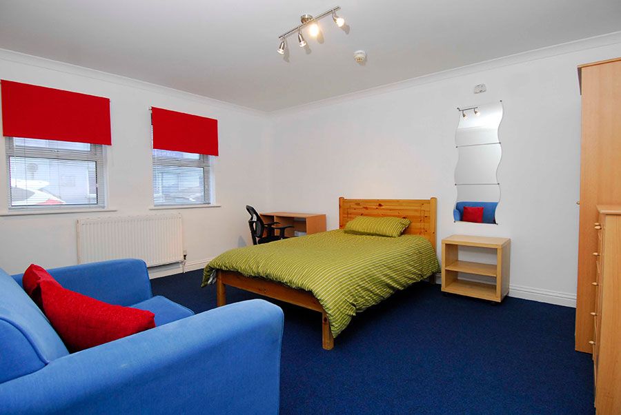 Classic studio apartment room having bed, sofa set and blue floor carpet