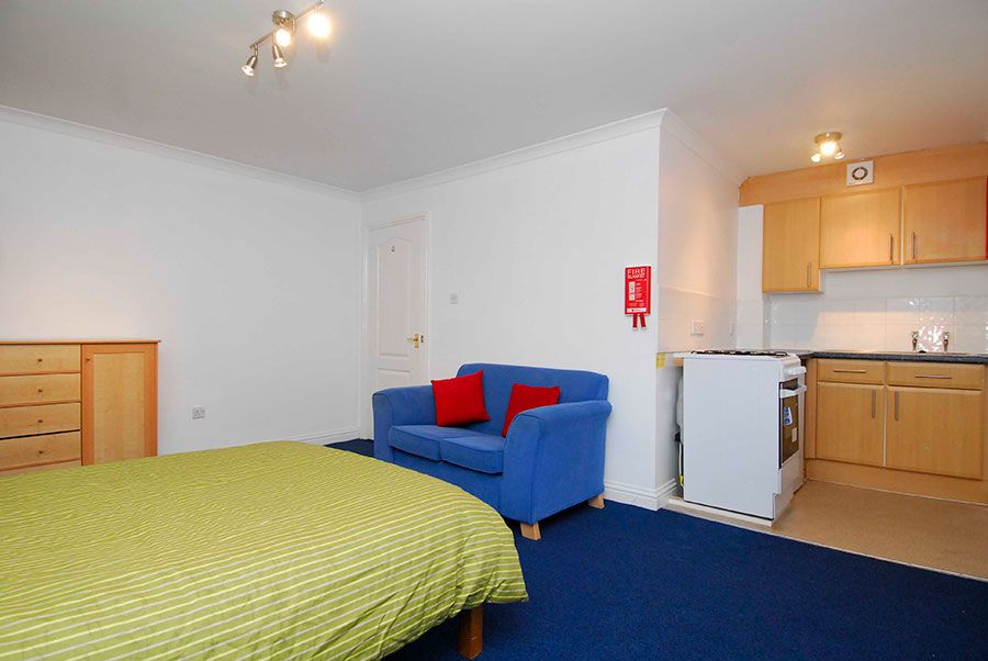 Classic studio apartment room having bed, sofa set and blue floor carpet